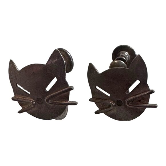 Vintage Beau Sterling Silver Cat Lover Face Screwback Earrings Kitty Whiskers - Picture 3 of 6